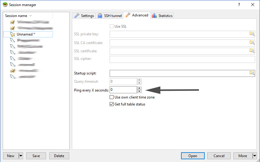 HeidiSQL advanced settings tab