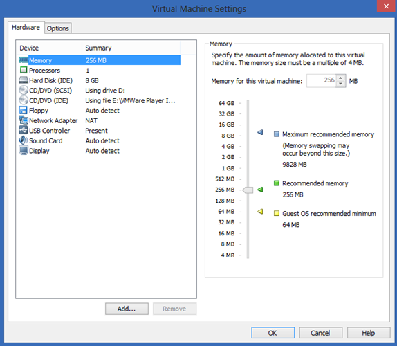 VMWare Player Windows 98 Settings