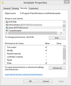 Windows Live Writer directory permissions